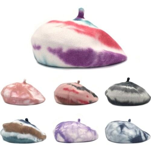 Ins New Tie Dyed Knitted Beret Autumn Winter Womens Hat Warm Wool Hat Core Spun Yarn Painters Hat Casual Ha