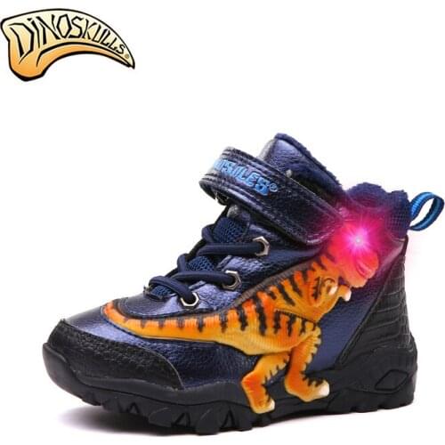 Dinoskulls Boys Winter Boots Children Winter Snow Boots for Kids Led Light Up Winter Warm Fleece Shoes T-REX Shoes botas 27-34
