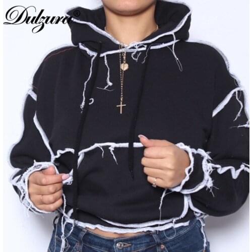 Dulzura Patchwork Women Sweatshirt Hoodie Crop Top Pocket Loose Streetwear 2020 Autumn Winter Casual Loungewear Korea Clothes