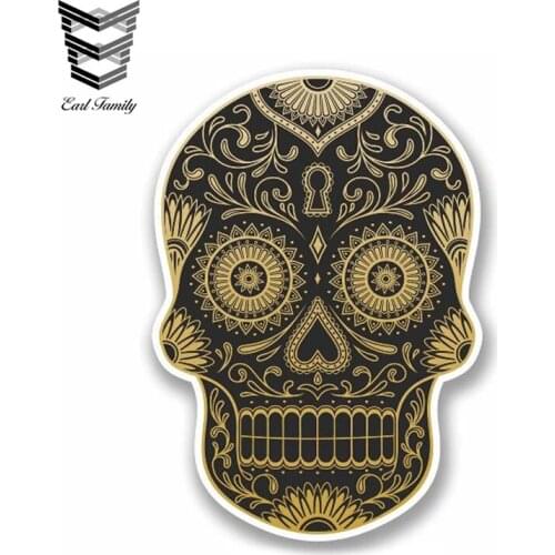 EARLFAMILY 13cm x 8cm Gold Sugar Skull Vinyl Sticker AUTO MOTO Decor BIKE MOTORCYCLE TUNING Decal Laptop Car Helmet Girls Gift