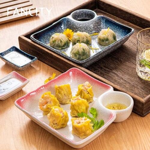 FANCITY Dumpling plate household ceramic plate with vinegar plate creative plate dish plate personality tray breakfast plate gri