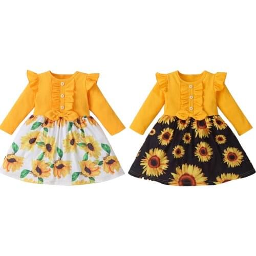 FOCUSNORM Autumn Kids Girls Sunflowers Dress Outfits 1-6Y Long Sleeve Print Bowknot Knee Length A-Line Dress