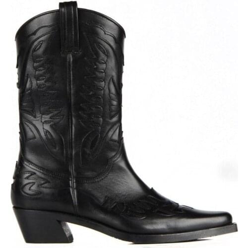 FootCourt- Black Genuine Leather Cowboy Boots Pointed Toe Mid Calf Boots Handmade Retro Women Shoes Cowgirl Boots New Season