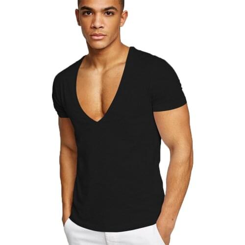 Summer Sexy Deep V-Neck Mens T Shirt Low Cut Vneck Wide Vee Tee Male Tshirt Short Sleeve Causal Solid Tops Invisible Undershirt