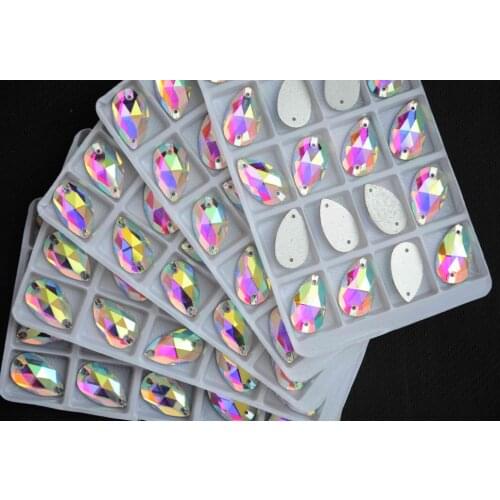 AAA Quality, 7*12~22*38mm crystal AB Color Teardrop Flatback Silver base two holes sew on stone Jewelry Beads