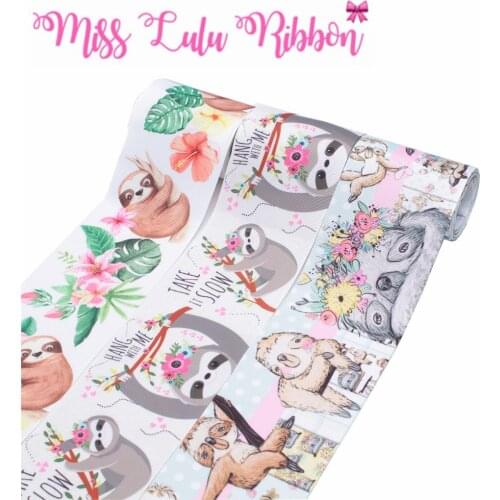 16mm-75mm Cartoon Series Cute Animal Sloth Flower Printed Grosgrain/Elastic Ribbon "take with slow" DIY Hair Bands 50yards/roll