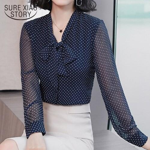Fashion women shirts Bow collar office blouse women tops dot print chiffon blouse shirt long sleeve women shirt blusas 1864 50