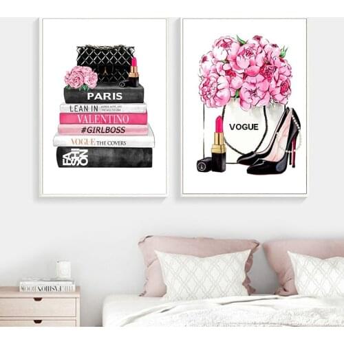 Fashion magazine wall art prints high heels and lipstick fashion pictures diamond painting pink flowers rhinestone mosaic girls