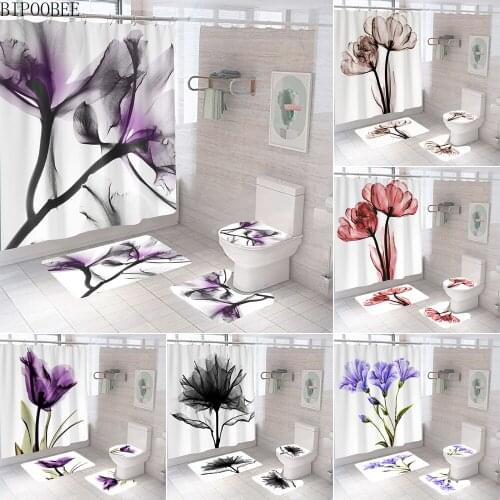 Purple Flower Shower Curtain Set Bath Mats Rugs Tulip Printing White Bathroom Curtains Colored Flowers Non-slip Mat Carpet