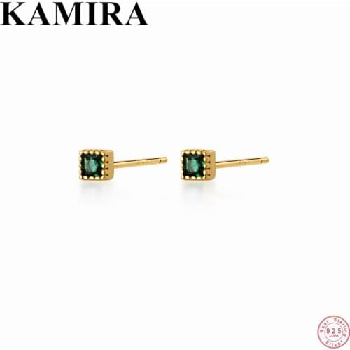 KAMIRA 925 Sterling Silver Sweet Cute Square Green Zircon Stud Earrings for Women Teen Anniversary Mini Simple Jewelry Gift 2021
