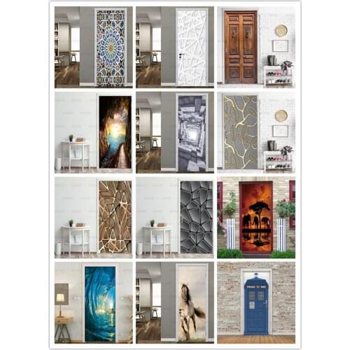 Blue Sea Golden Sky Black Door Sticker Black Stick Wallpaper Geometric Waterproof Poster Stickers On Doors Decals Home Decor