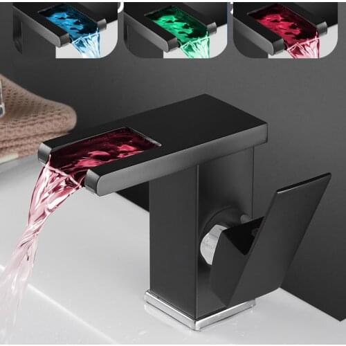 LED Luminous Basin Faucet Waterfall Temperature Control Colors Change Table Washbasin Three-Color Bathroom Mixer Tap