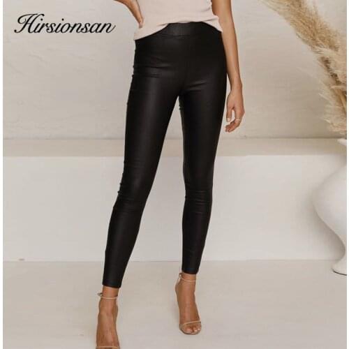 Hirsionsan Fleece High Waist Skinny Leather Pants Women Autumn Winter Warm PU Leather Leggings Female Elastic Pencil Trousers