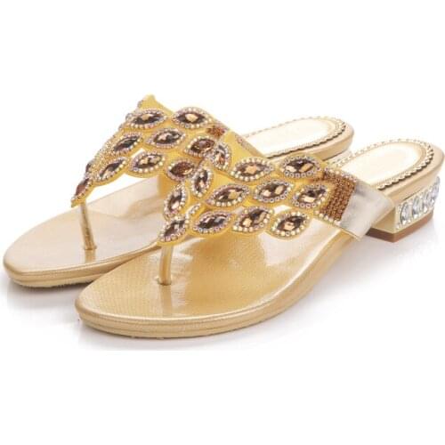 Women Slippers Flip-flops Rhinestone Hollow Thick Low Heel Slippers 2.5cm Heel Slippers Casual Slippers