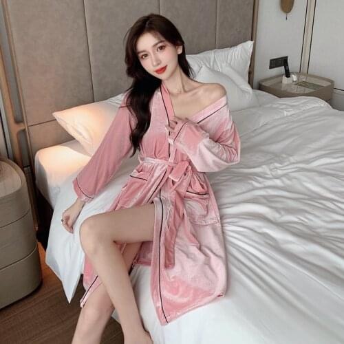 2021 Autumn Winter Long Sleeve Sexy Gold Velvet Kimono Robes for Women Bathrobe Sleepwear Nightdress Homewear Night Dress Nighty