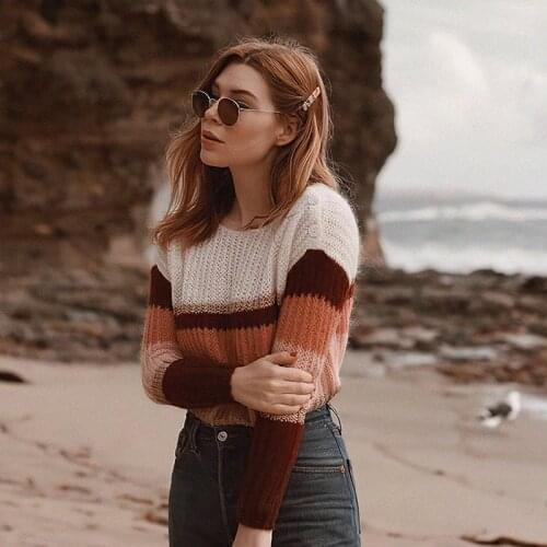 Striped Mohair Knit Sweater Female Long Sleeve Round Neck Button Sweaters Tops Winter Vintage Elegant Pullover Women Jumper