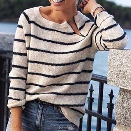 Women Black White Slim Jumper Long Sleeve Basic Sweaters 2021 Casual Striped Lady Sweater Zipper Knitwear for Female Pullovers