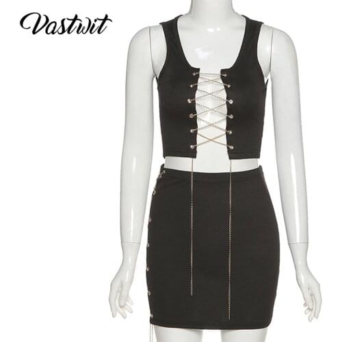 Women Solid Color Metal Chain Lace-up Two-piece Suit Clubwear Cropped Tank Top with High Waist Skirt