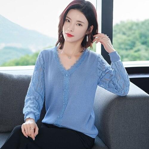 Spring Autumn Style Women Knitted Pullover T-shirts Lady Casual Long Lace Sleeve V-Neck Patchwork Loose Pullover Shorts ZZ0853