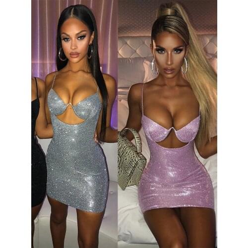 SRUBY Glitter Sparkle Spaghetti straps dress Sleeveless Bodycon Mini Party Dress 2021 Summer Women Sexy Club dresses Clothes