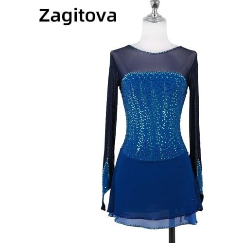 Blue Figure Skating Dress Women And Girls Ice Skating Clothes Long Sleeve Low Bosom With Rhinestones Star Style