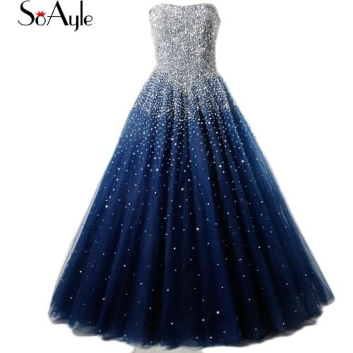 SoAyle Real Picture Vestidos de festa 2017 Prom Dresses Ball Gown beading Navy Blue Night Sky Bling Bling Long Dresses