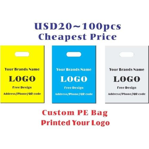 100pcCustom Logo Plastic Shopping Bags with Handle, plastic jewelry pouch Packing Gift Carrier Bags handle cloting bags