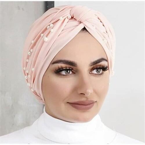 2021 Muslim Fashion Women Stretchy Cotton Turban Caps Twist Indian Hat Islamic Wraps Headscarf Bonnet Pearls Turbante Hijab Cap