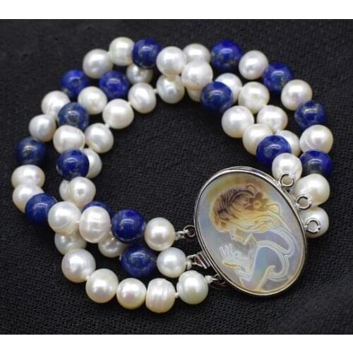 3rows blue lapis and freshwater pearl round 8mm bracelet 7.5inch FPPJ wholesale beads nature