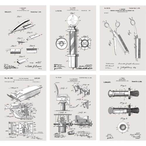 6 in 1 vintage patent art prints on barbers accesaries barbers shop wall decor unframed