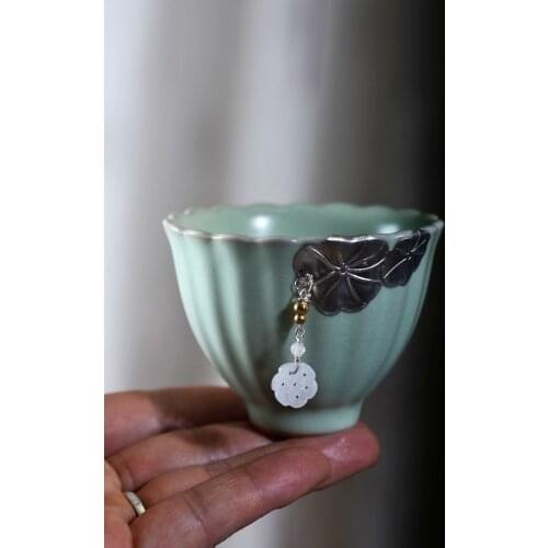 70ml Japanese style Master Cup Elegant High-end Personality Tea Cup with Handmade Jade Carving Pendant Ceramic Cup