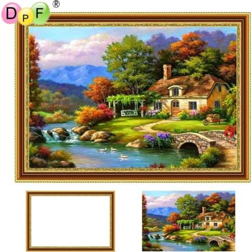 DPF New Framed Diamond Embroidery The riverside lodge 5D Round full Diamond Painting Cross Stitch Rhinestone home Decor crafts