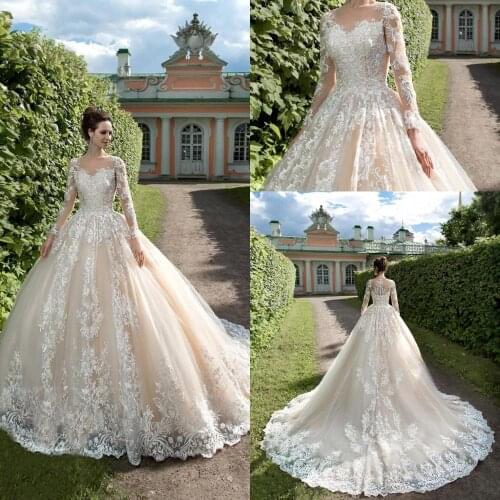 Elegant Ball Gown Wedding Dresses Jewel Long Sleeves Lace Appliques Bridal Gowns 2020 Button Back Sweep Train Wedding Dress
