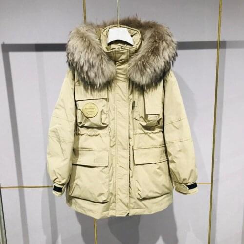 FTLZZ Winter Large Natural Fur Hooded Jacket Women 90% White Duck Down Thickening Coat Warm Snow Loose Outwear Waist Retractable