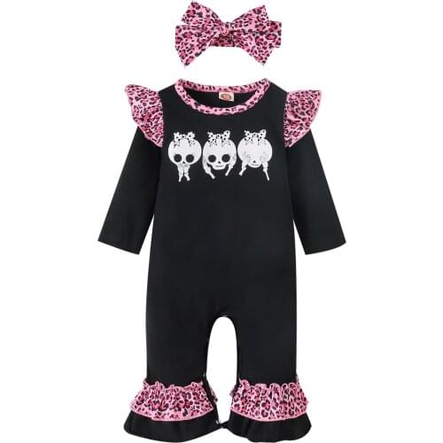 Baby Girls Two-piece Clothes Set, Black Printed Pattern Long Sleeve Romper and Bow Knot Headdress Leopard and skeleton print
