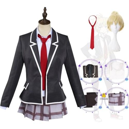 Anime High Rise Invasion Mayuko Nise Cosplay Costume Blonde Wig Tenkuu Shinpan School Girl Uniform Skirt Set Women Carnival Suit