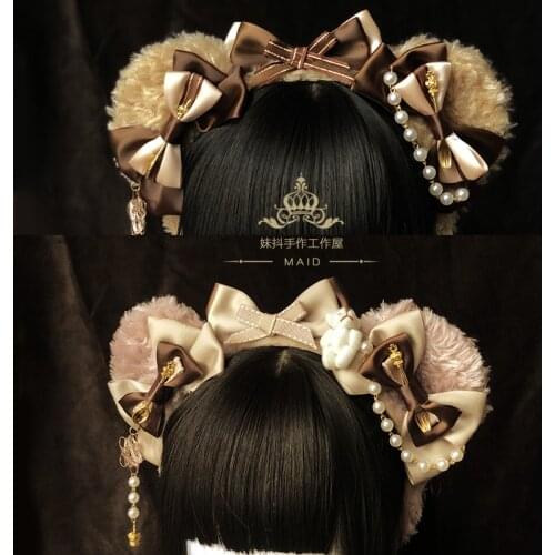 Cute Bear Ears Handmade Headwear Hairband KC Lolita Bows Sweet Kawaii Cosplay Pink Brown
