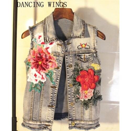 Fashion Appliques flowers Sleeveless Jeans Jackets Coat Summer Short Denim Womens Vest