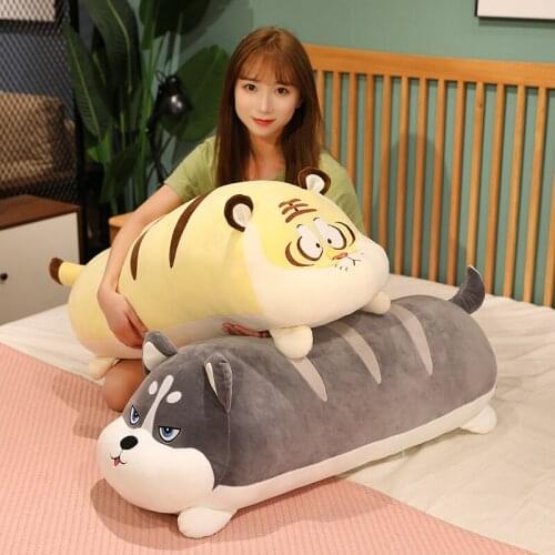 Cartoon Animal Husky / Tiger Plush Toys Stuffed Soft Long Sleep Pillow Soft Baby Doll Room Decoration Cushion Kids Girls Gift