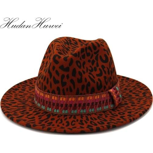 Men Women Wide Brim Leopard Print Woolen Fedora Hat jJazz Panama Cap Church Holiday Top Hats