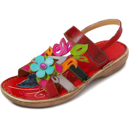 Soft Splicing Colorful Genuine Leather Stitching Comfortable Lace Up Buckle Strap Sandals Retro Summer Shoes New 2019