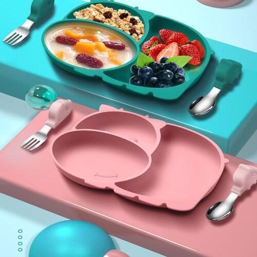 Childrens Supplementary Food Plate Set Microwave Heating Plate Food Grade Silicone Suction Cup Integrated Bowl + Spoon + Fork