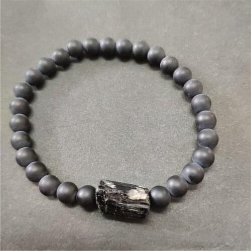 Natural black raw rough tourmaline matte onyx stone beads mineral healing stone beaded bracelets for unisex man women