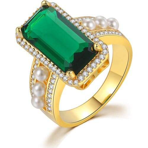 Hainon 2019 New Imitation Pearl Enagement Ring Gold Color Big Green Square Zircon Stone Ring Fashion Jewelry Rings Distribution