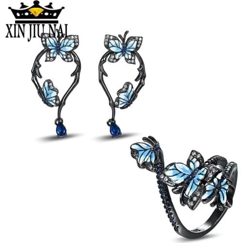 2020 hot new arrival arrives fashion luxury enamel color exquisite blue butterfly European and American ball banquet jewelry set
