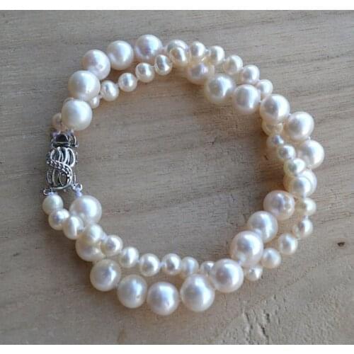 New Arrival Favorite Real Pearl Bracelet 2Rows 5-9mm White Genuine Freshwater Pearls Fine Jewelry Charming Lady Gift