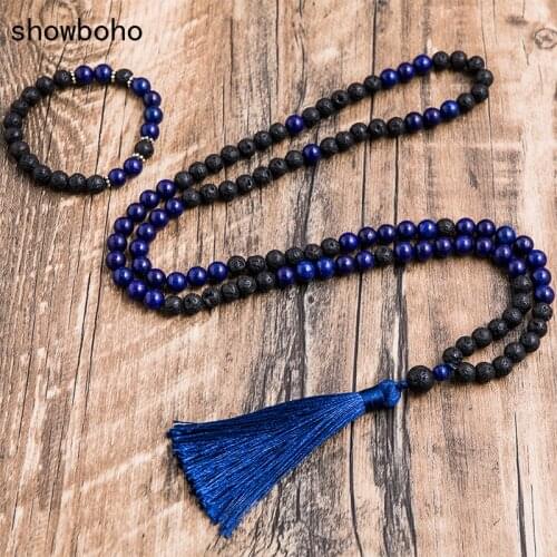 8mm Black Lava Stone Lapis Lazuli Beaded Necklace Meditation Yoga Tibetan Lucky Peaceful Jewelry 108 Japa Mala Bracelet Sets