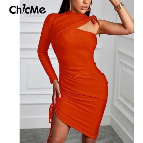 Chicme Summer Autumn Women One Shoulder Drawstring Ruched Slim Dress Satin Long Sleeve Solid Sexy Bodycon Party Robe Vestido