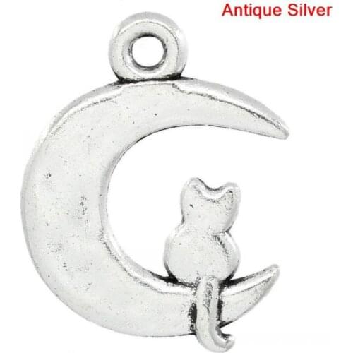 DoreenBeads Retail Charm Pendants Moon Silver Color Cat Carved 23x18mm,50PCs