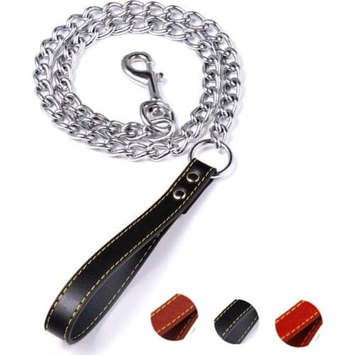 Pet Dog Leash Rope Metal Chain with Leather Strong Dogs Accessories Durable Anti-Bite 120cm 180cm for Large Small Golden Retrie
